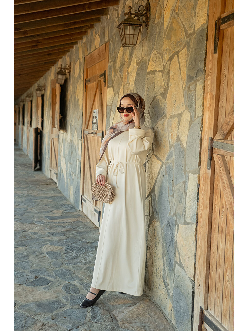 Kadın Dikiş Detay Bağlamalı Elbise Ekru-2