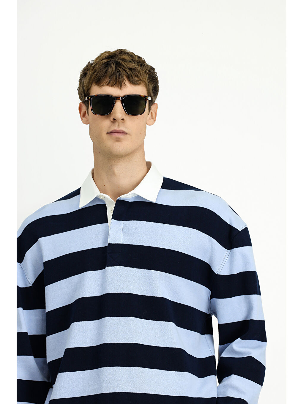 Mavi Polo Yaka Oversize Ekstra Rahat Kesim Çizgili Pamuk Sweatshirt-3