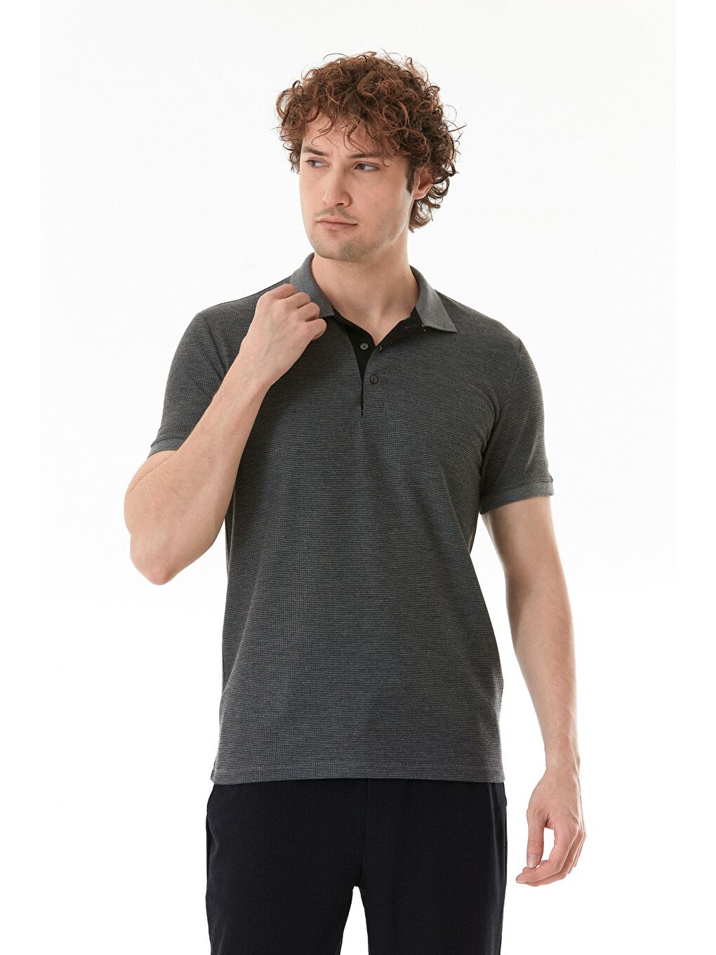 Gri Waffle Kumaş Slim Fit Polo Yaka Tişört