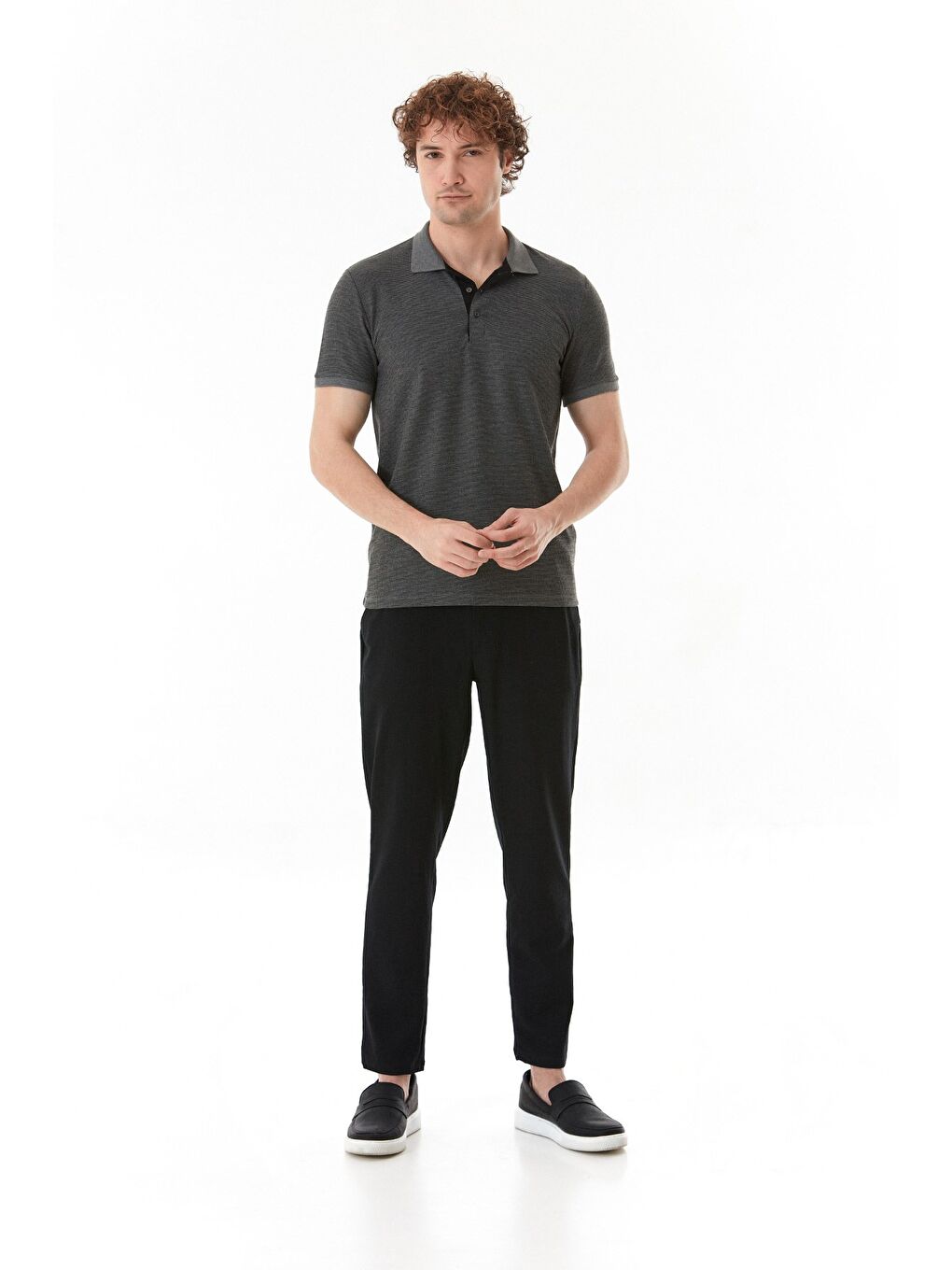 Gri Waffle Kumaş Slim Fit Polo Yaka Tişört-1