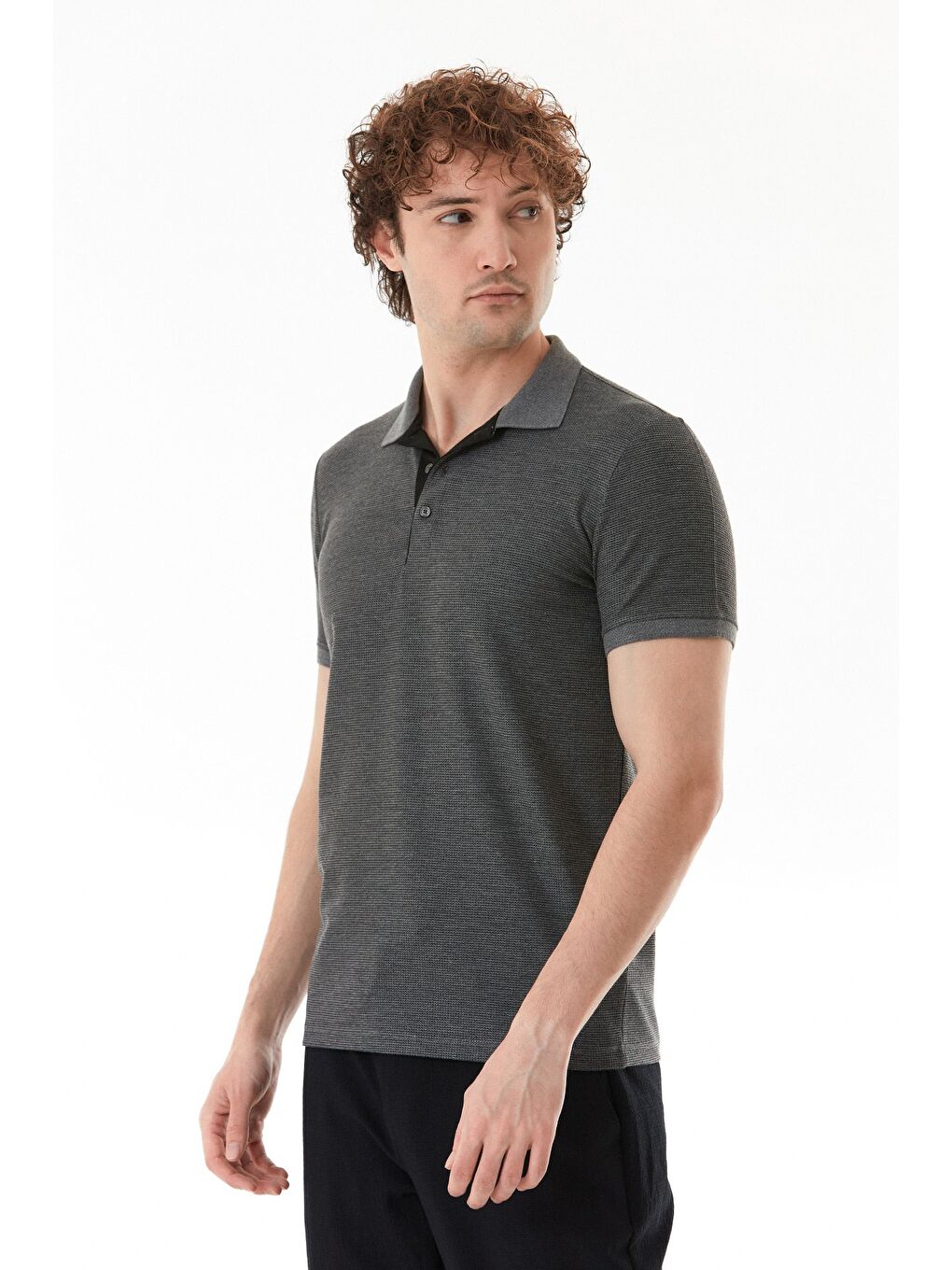 Gri Waffle Kumaş Slim Fit Polo Yaka Tişört-2