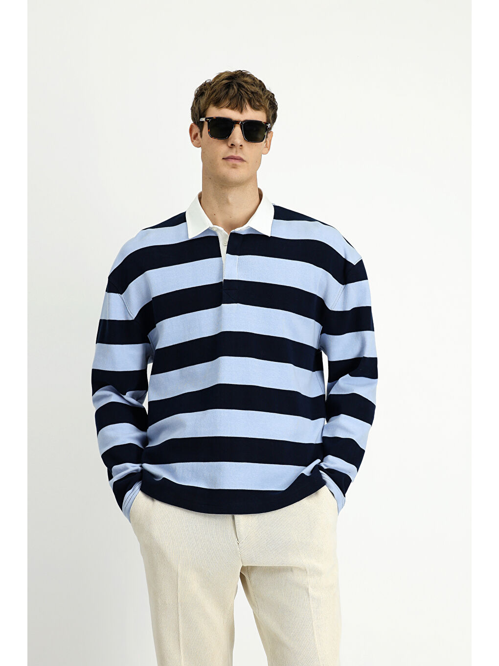 Mavi Polo Yaka Oversize Ekstra Rahat Kesim Çizgili Pamuk Sweatshirt-4