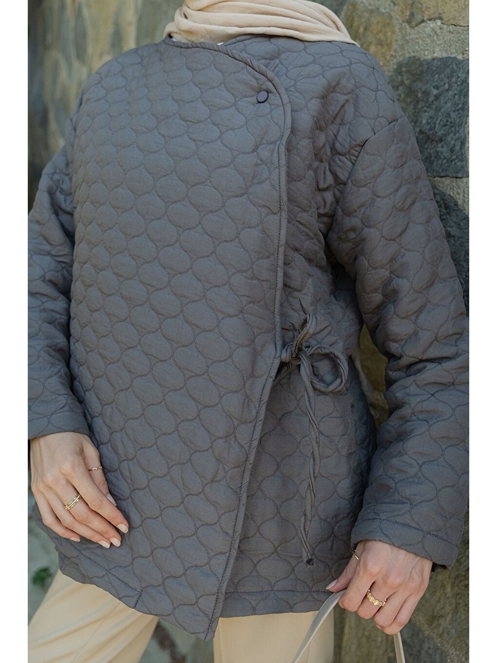 Kadın Düğme Detay Bağlamalı Ceket Gri-4