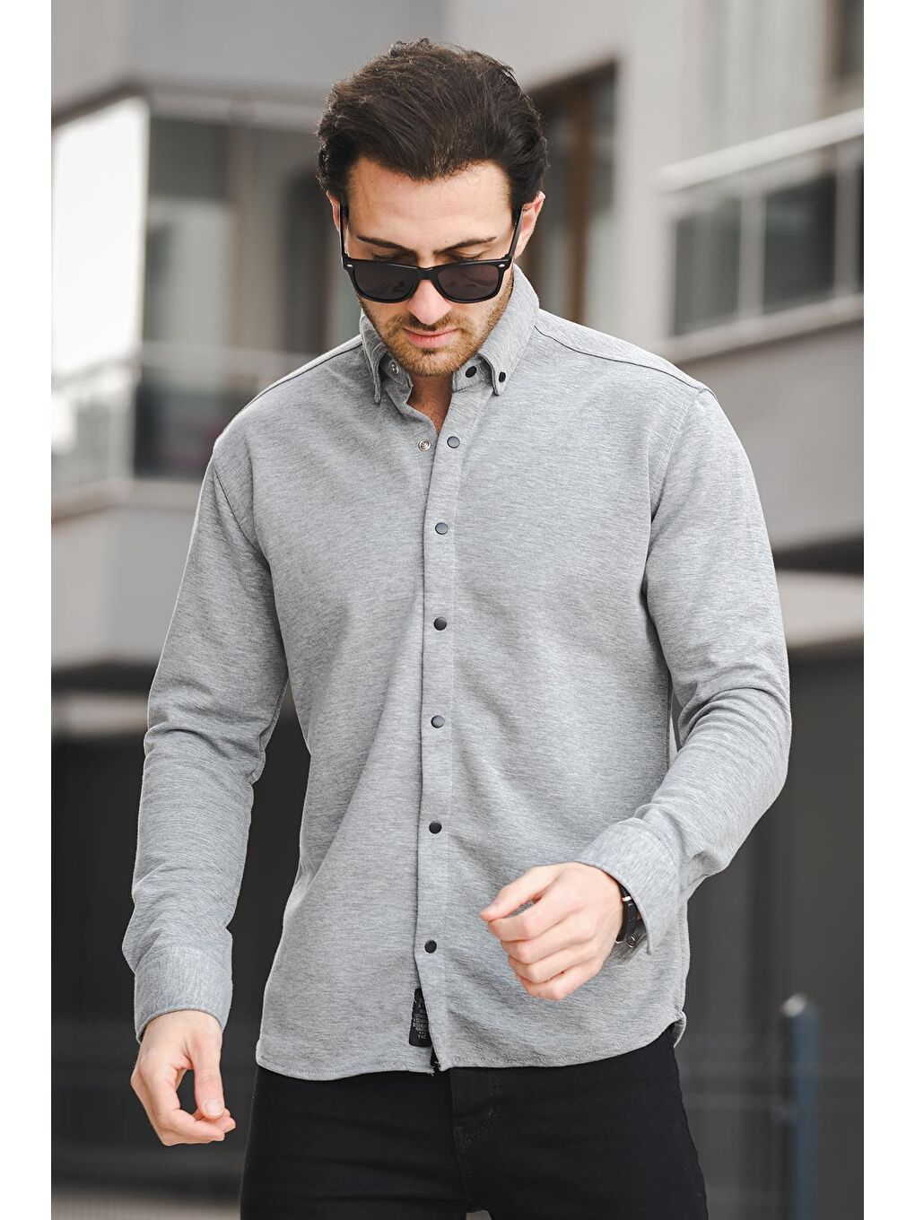 Gri Yx 16898 Double Face Çıt Çıtlı Likralı Örme Erkek Gömlek