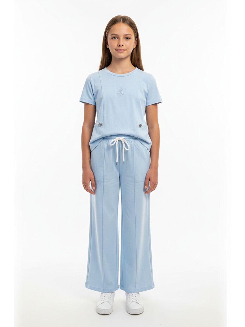 Mavi Kız Çocuk 2'li Eşofman Takımı Bisiklet Yaka Kısa kollu Cepli Tişört & Beli Lastikli Bol Paça Eşofma