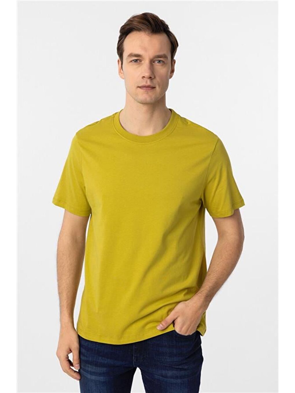 Koyu Haki Regular Düz Bisiklet Yaka Tişört-1