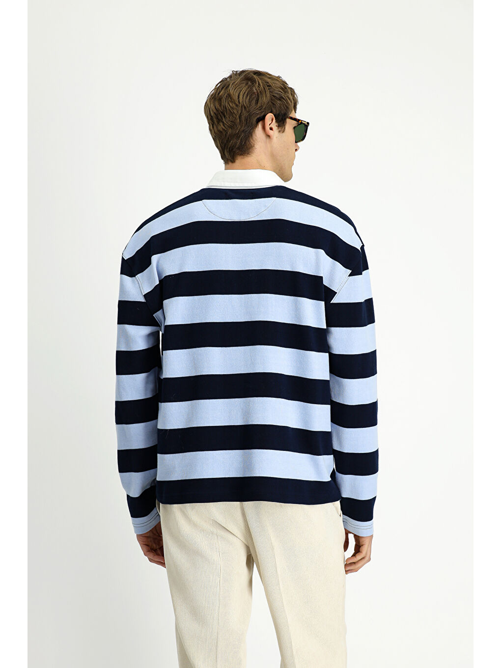 Mavi Polo Yaka Oversize Ekstra Rahat Kesim Çizgili Pamuk Sweatshirt-5