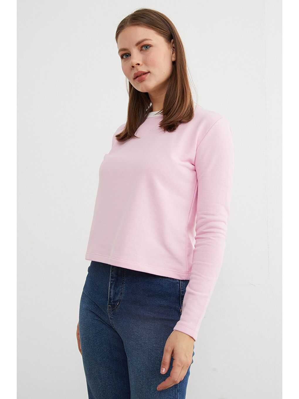 Pembe 3 İplik Şardonsuz Yakası Ribanalı Sweatshirt-4