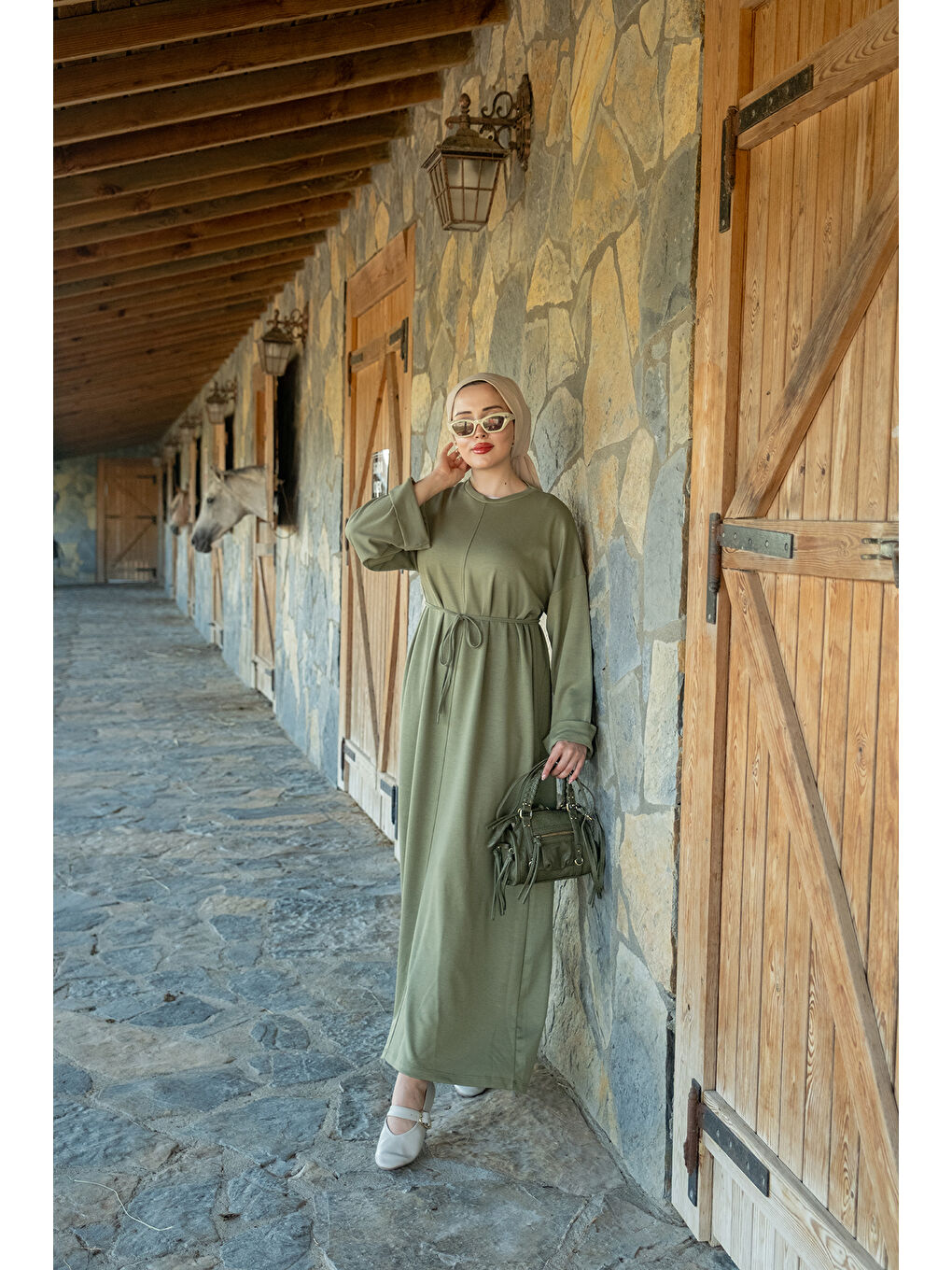 Kadın Dikiş Detay Bağlamalı Elbise Fıstık Yeşil-4