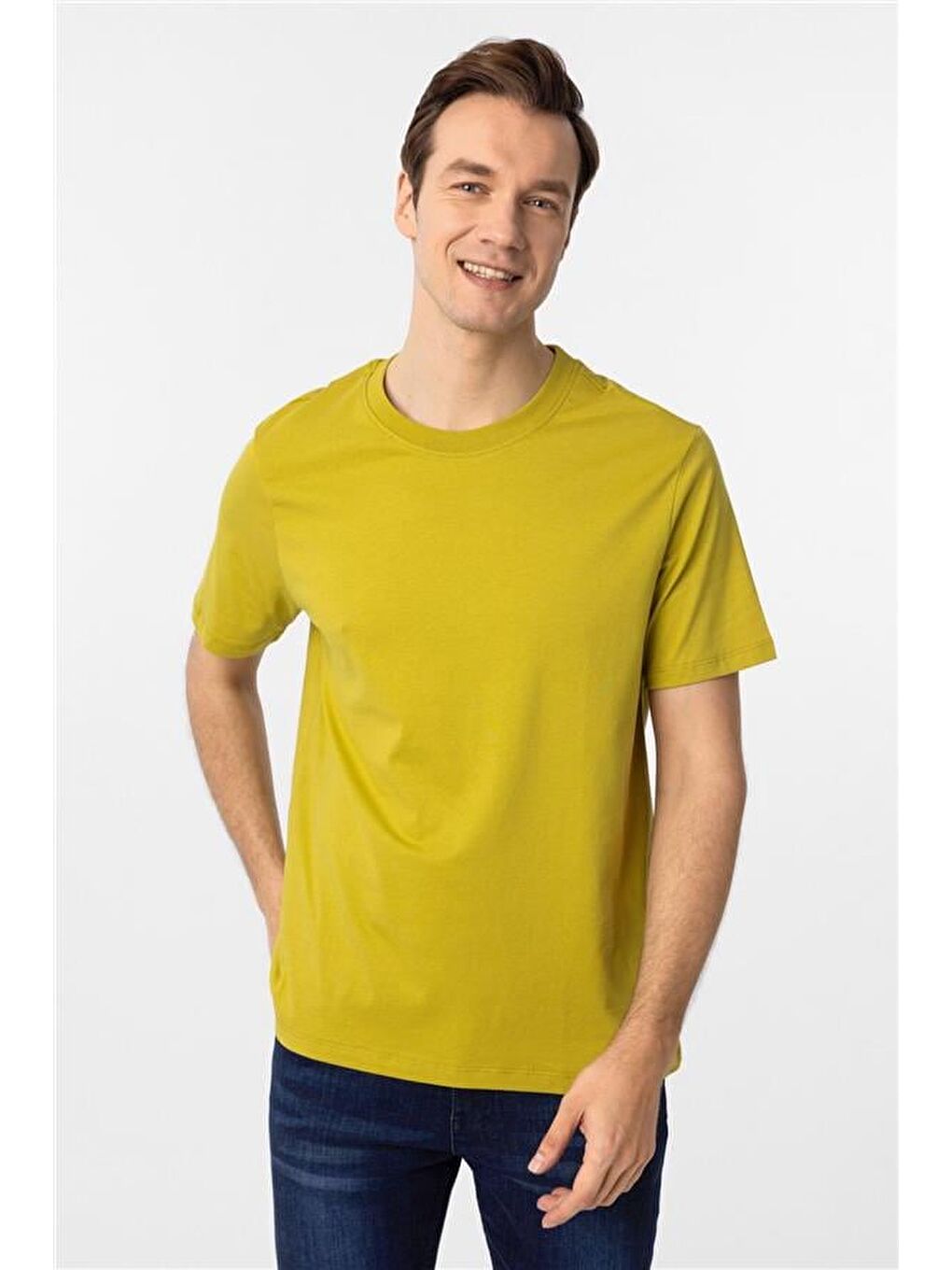 Koyu Haki Regular Düz Bisiklet Yaka Tişört-2