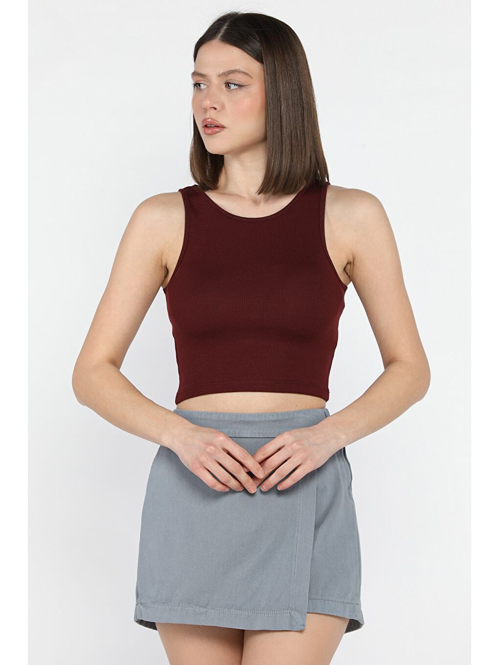 Bordo Kadın Bisiklet Yaka Sıfır Kol Basic Body Bluz-1