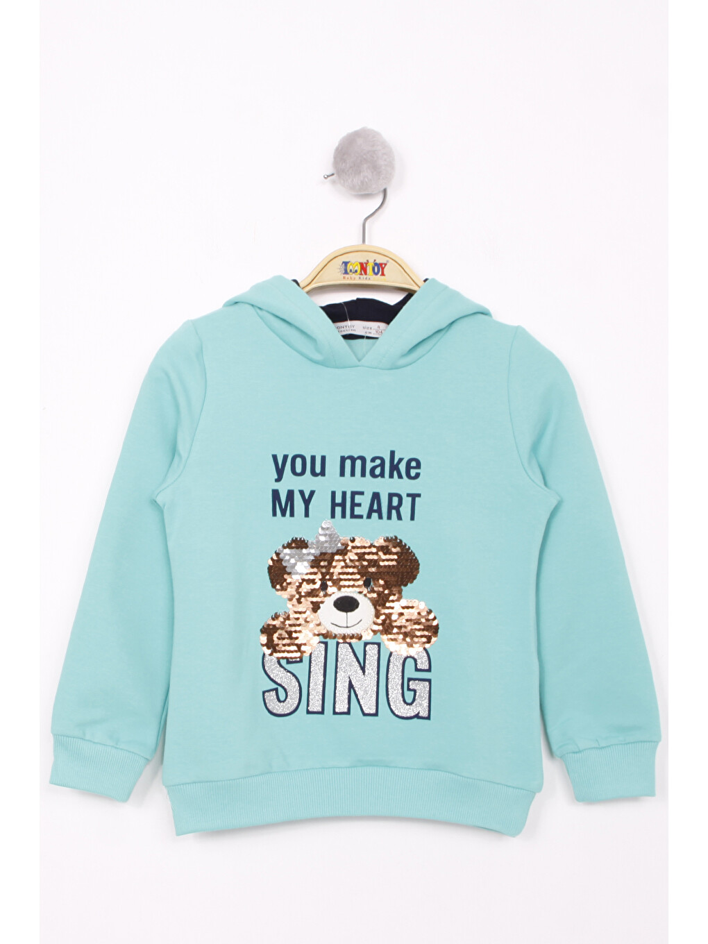 Turkuaz Kız Çocuk Pullu Ayıcık Nakışlı Sweatshirt