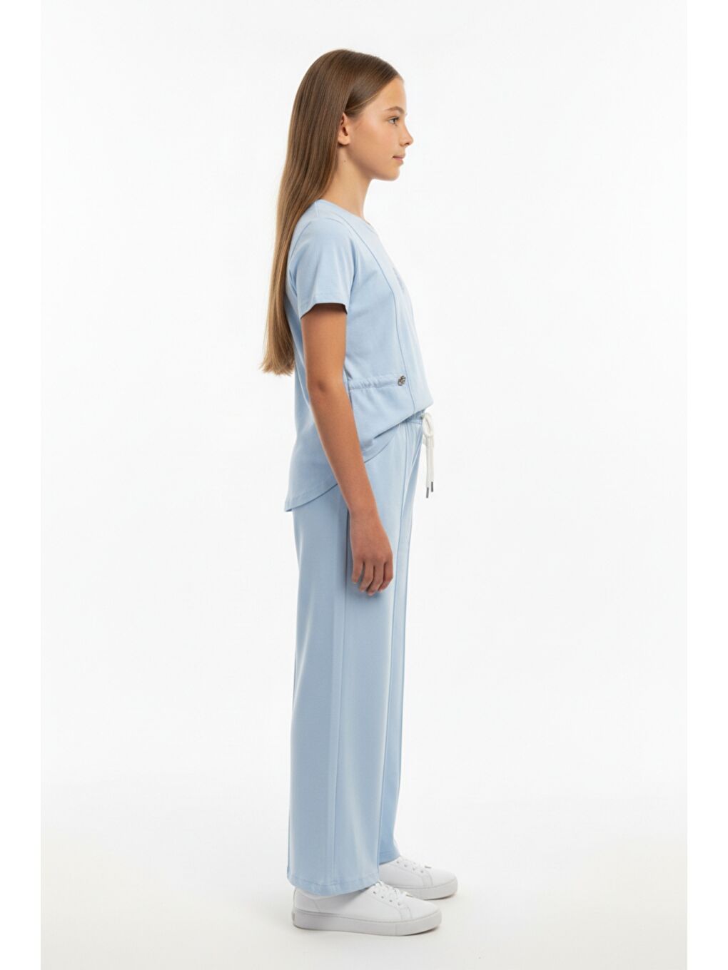 Mavi Kız Çocuk 2'li Eşofman Takımı Bisiklet Yaka Kısa kollu Cepli Tişört & Beli Lastikli Bol Paça Eşofma-1