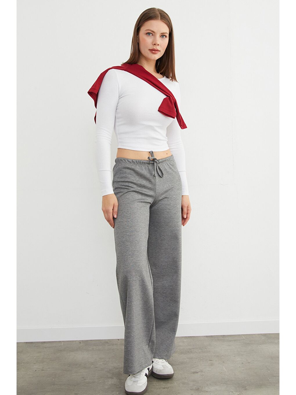 Antrasit Beli Bağlamalı Bol Paça Modal Pantolon-2