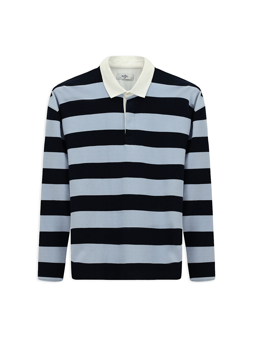 Mavi Polo Yaka Oversize Ekstra Rahat Kesim Çizgili Pamuk Sweatshirt-7