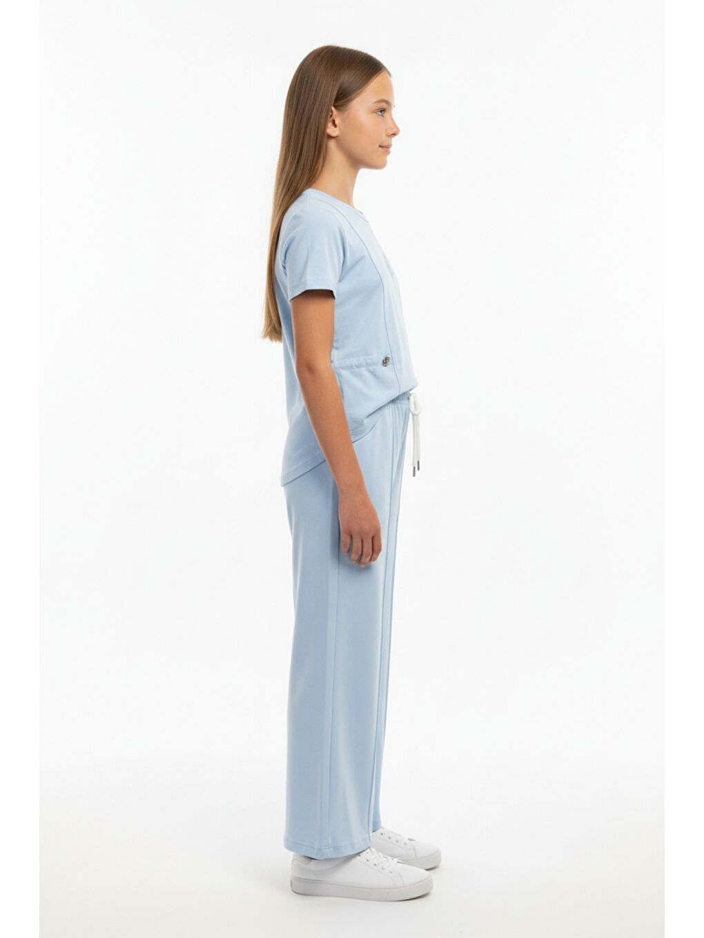 Mavi Kız Çocuk 2'li Eşofman Takımı Bisiklet Yaka Kısa kollu Cepli Tişört & Beli Lastikli Bol Paça Eşofma-2