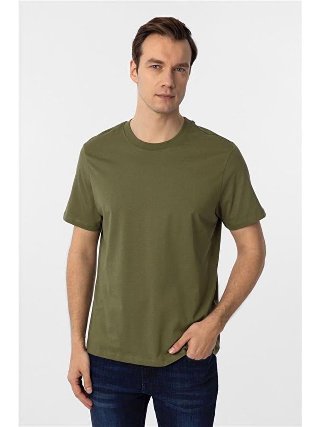 Haki Regular Düz Bisiklet Yaka Tişört-1