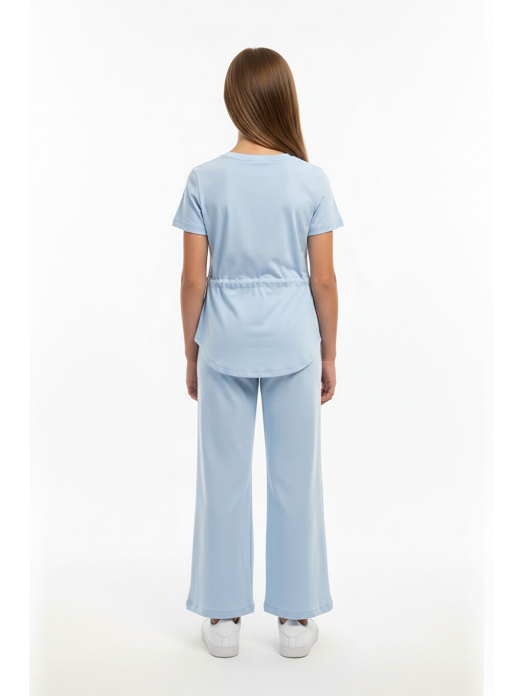 Mavi Kız Çocuk 2'li Eşofman Takımı Bisiklet Yaka Kısa kollu Cepli Tişört & Beli Lastikli Bol Paça Eşofma-3