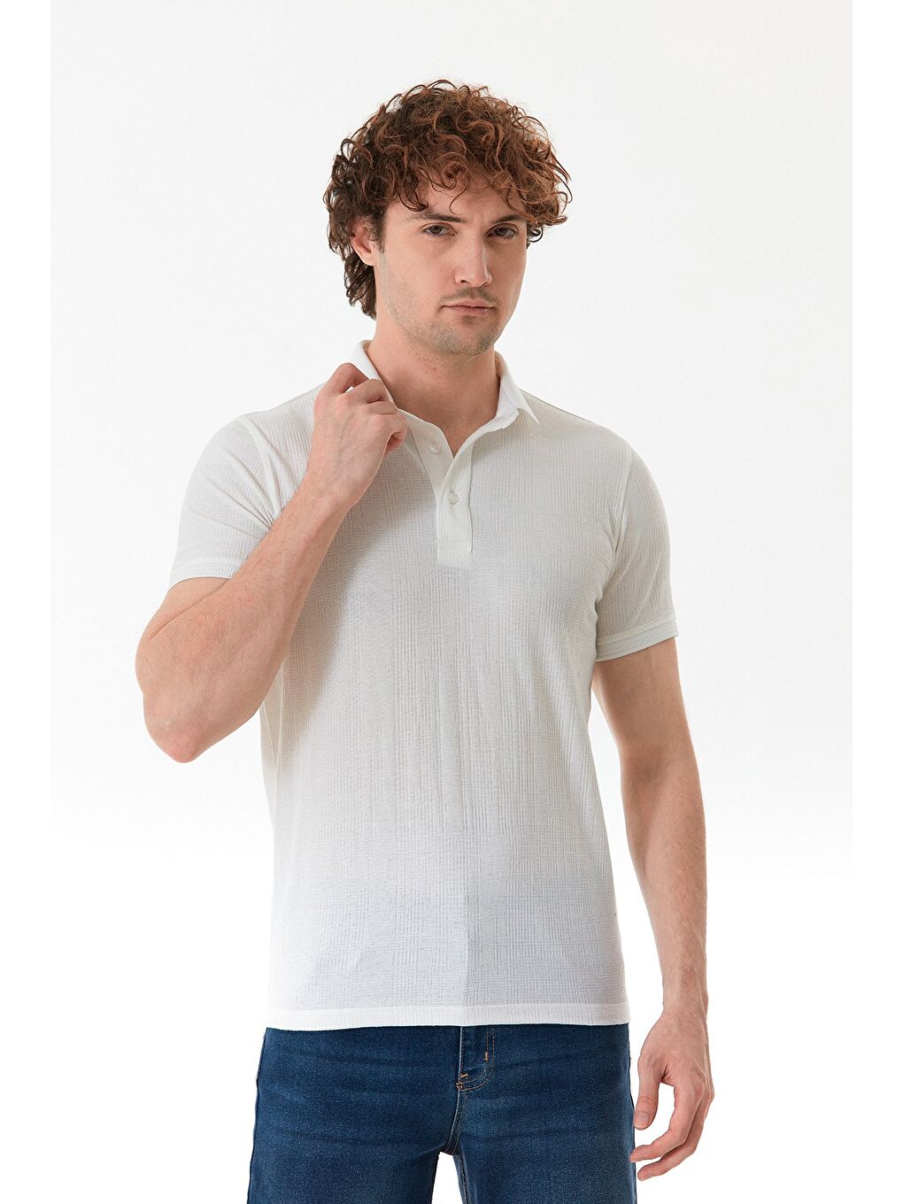 Beyaz Kırçıllı Polo Yaka Yarım Düğmeli Tişört-2