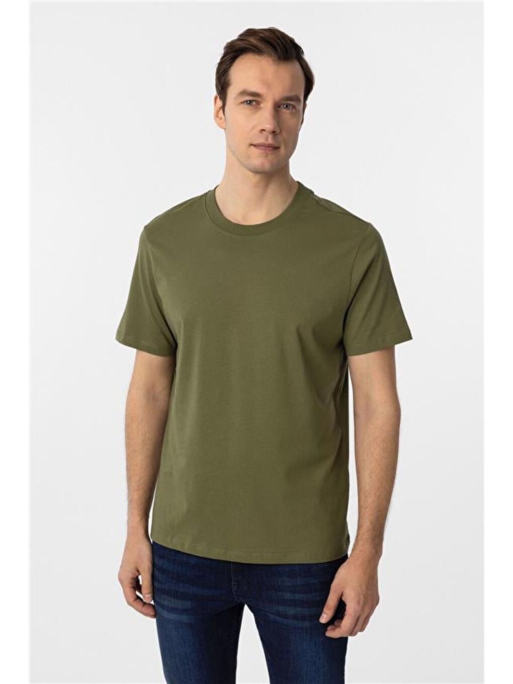 Haki Regular Düz Bisiklet Yaka Tişört-2