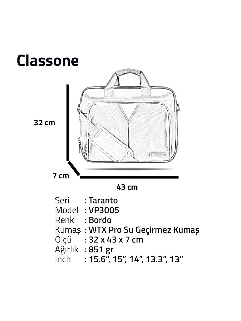 Classone Bordo Taranto Serisi VP3005 15.6 inch WTXpro Su Geçirmez Kumaş Laptop El Çantası - 4