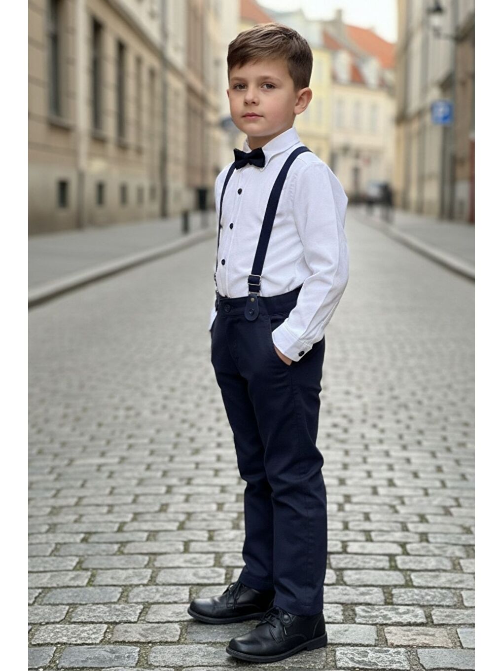 Beyaz Erkek Çocuk Askılı Papyonlu İkili Takım