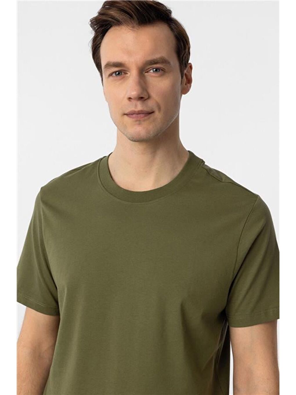Haki Regular Düz Bisiklet Yaka Tişört-3