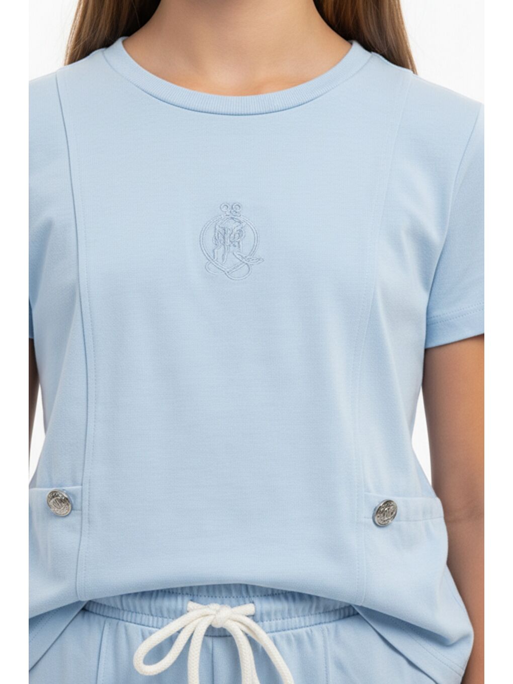 Mavi Kız Çocuk 2'li Eşofman Takımı Bisiklet Yaka Kısa kollu Cepli Tişört & Beli Lastikli Bol Paça Eşofma-4