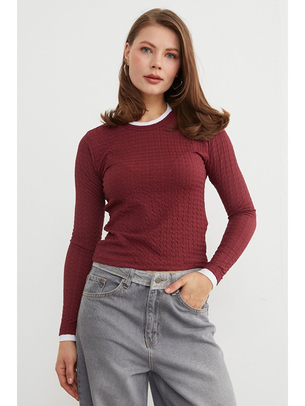 Bordo Bürümcük Kumaş Biyeli Bluz