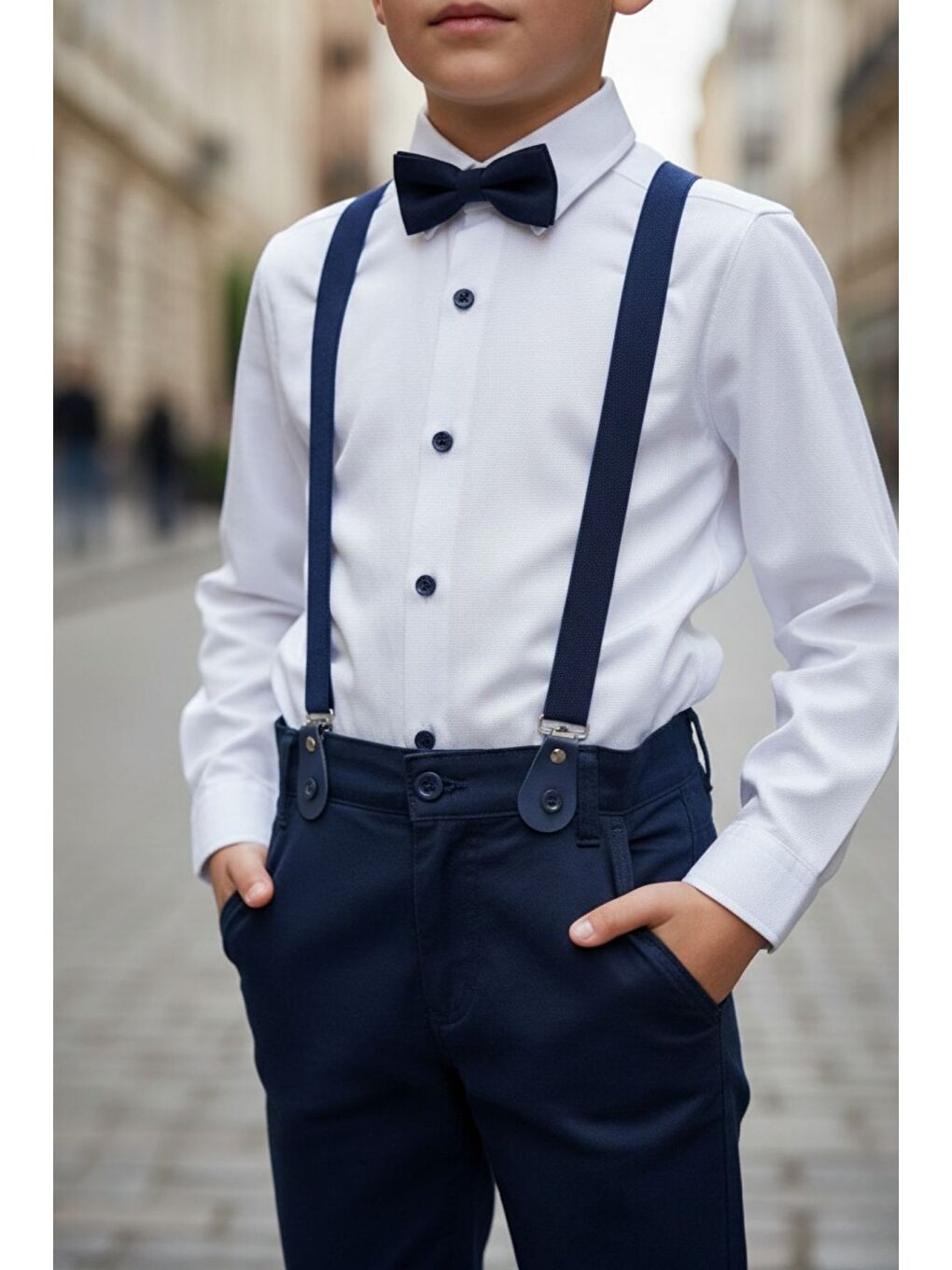 Beyaz Erkek Çocuk Askılı Papyonlu İkili Takım-4