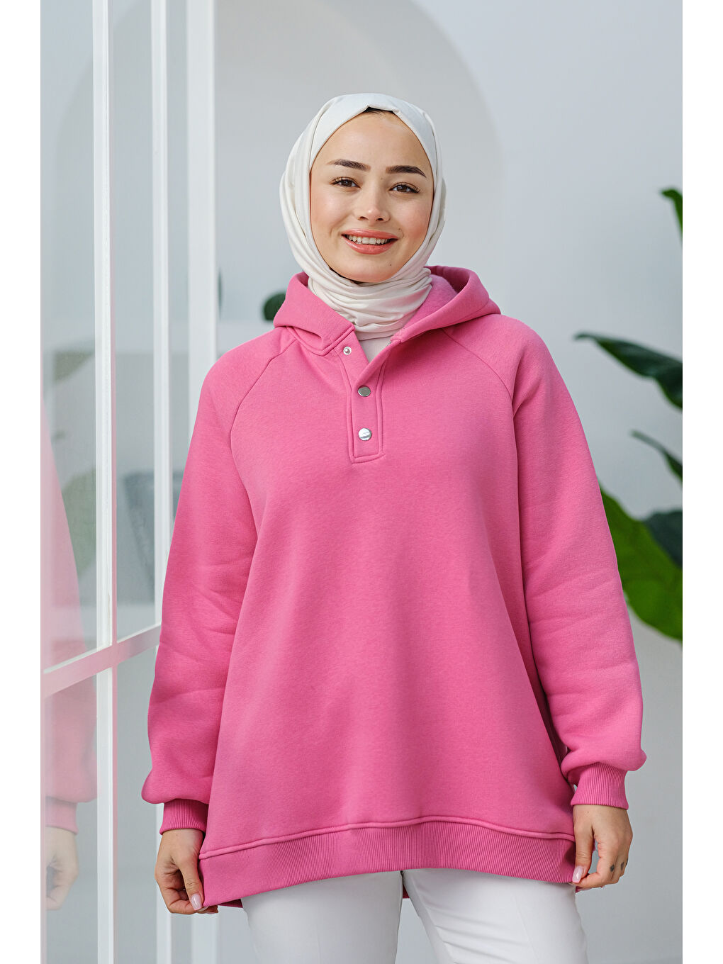 Locco Moda Çıt Çıt Detay Kapüşonlu Sweat Pembe