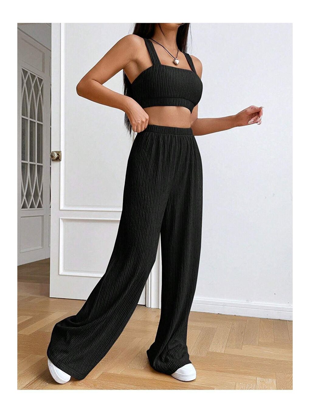 Trendseninle Siyah Bürümcük Krinkıl Örme Crop Pantolon Takım - 3