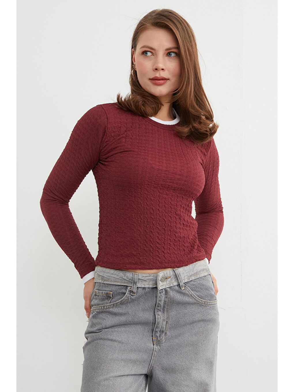 Bordo Bürümcük Kumaş Biyeli Bluz-1