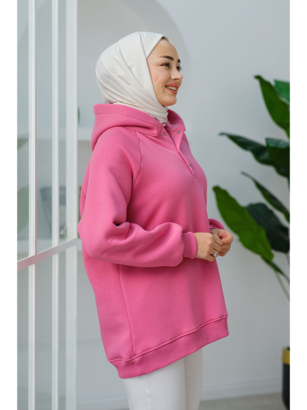 Locco Moda Çıt Çıt Detay Kapüşonlu Sweat Pembe - 1