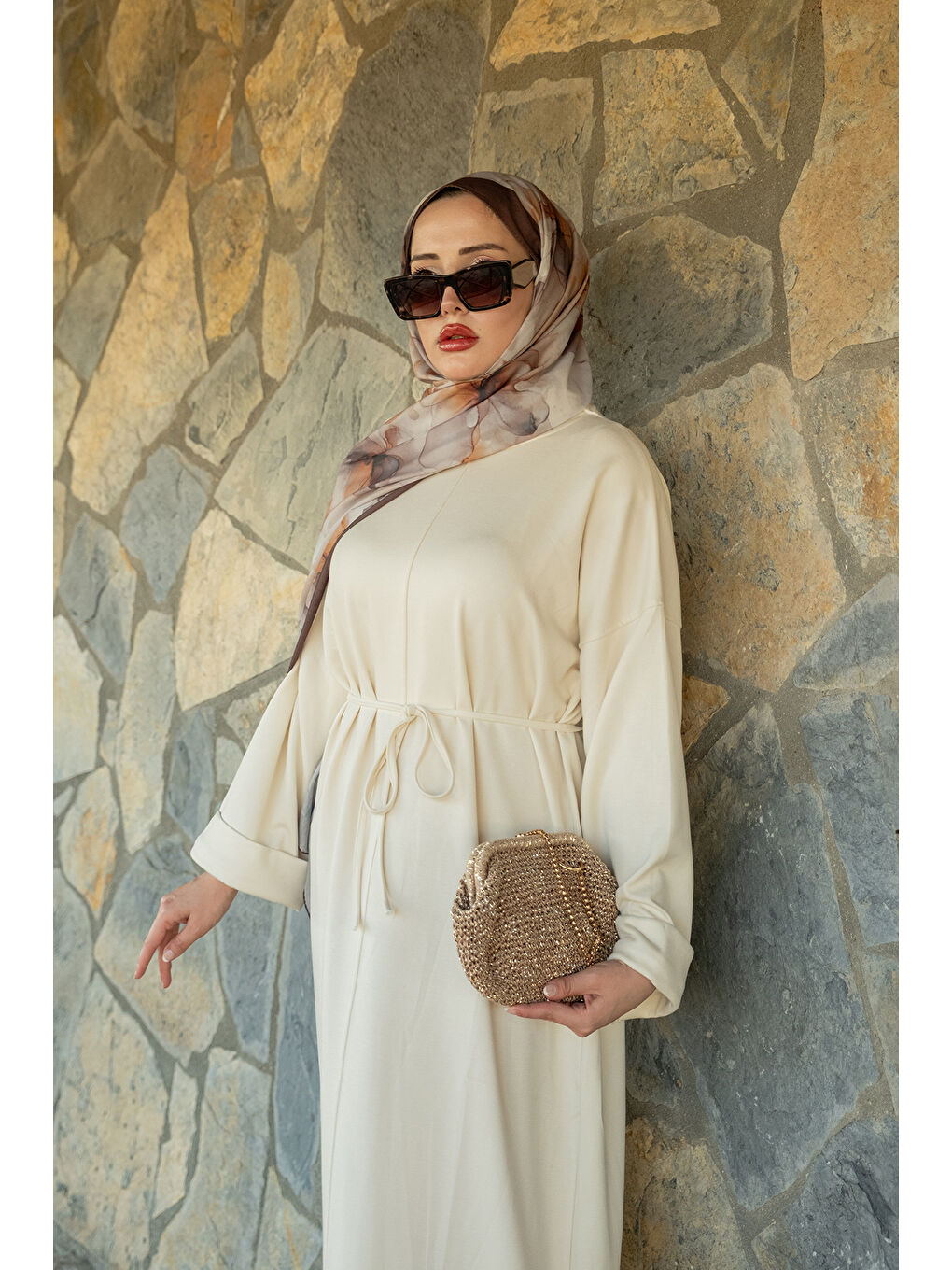 Kadın Dikiş Detay Bağlamalı Elbise Ekru-4