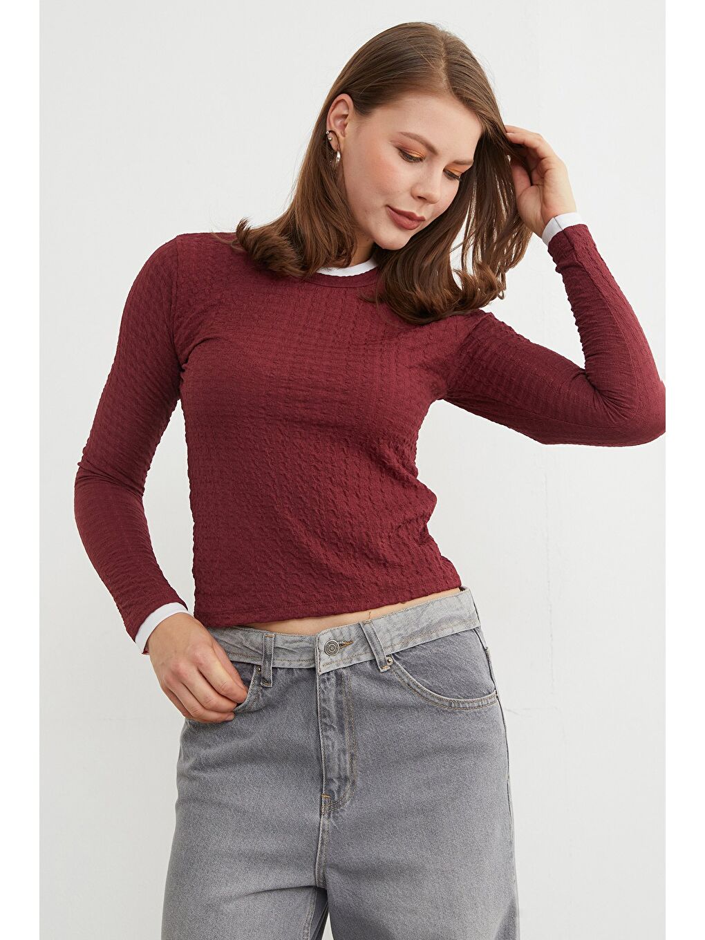 Bordo Bürümcük Kumaş Biyeli Bluz-2