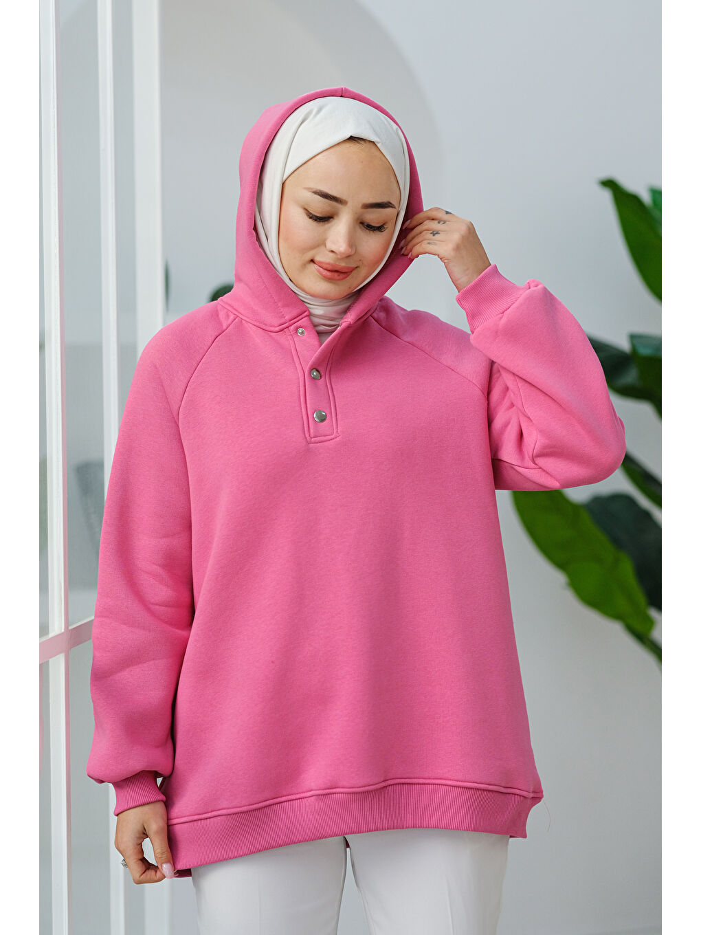 Locco Moda Çıt Çıt Detay Kapüşonlu Sweat Pembe - 2