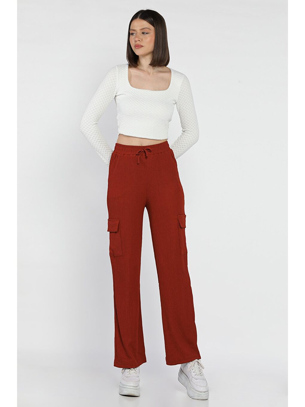 Kahverengi Kadın Bel Lastikli Bol Paça Kargo Cep Pantolon-1
