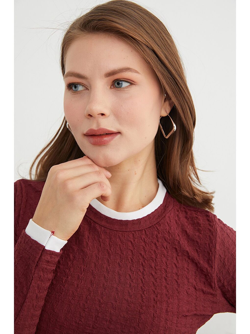 Bordo Bürümcük Kumaş Biyeli Bluz-3