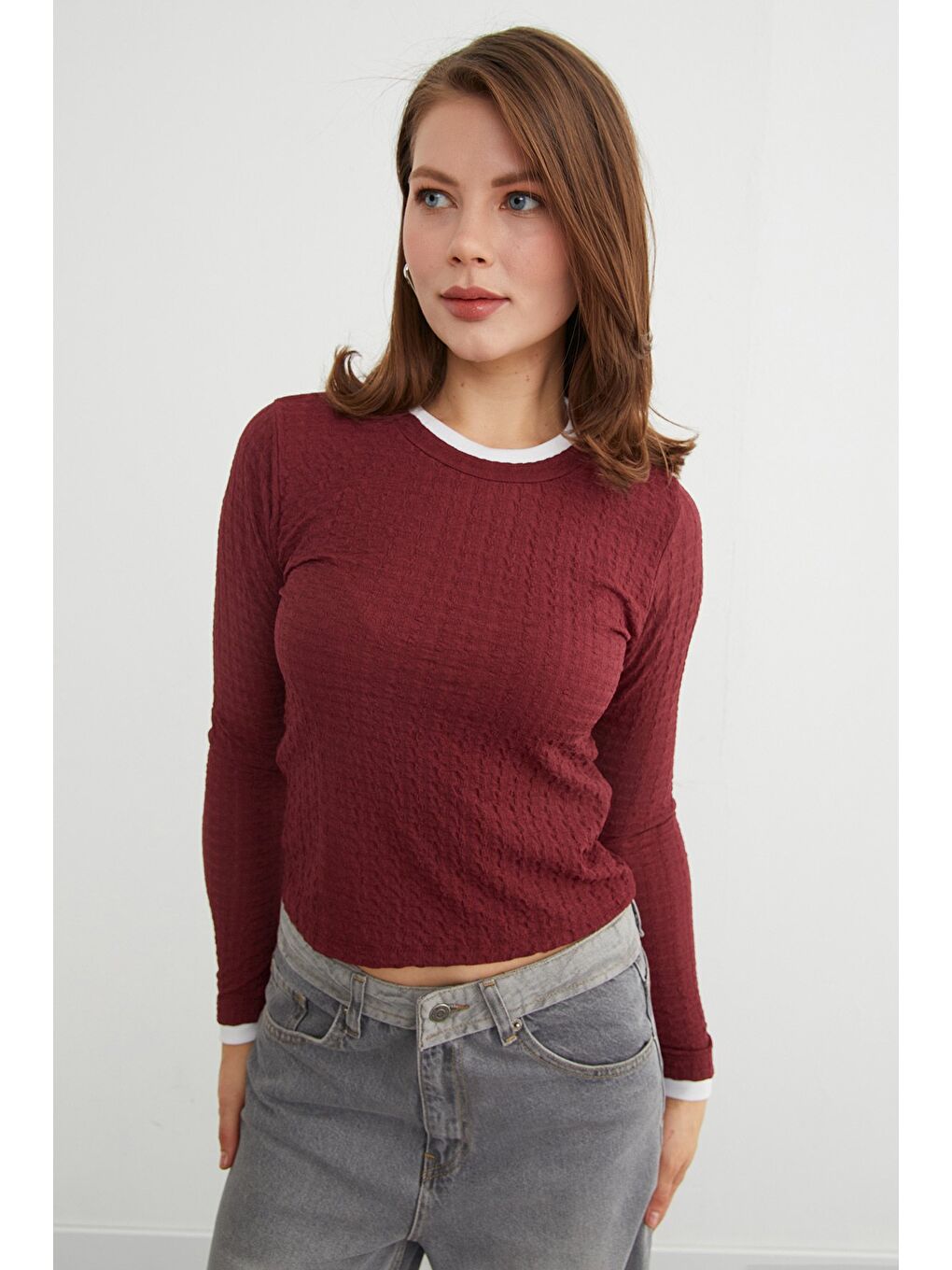 Bordo Bürümcük Kumaş Biyeli Bluz-4