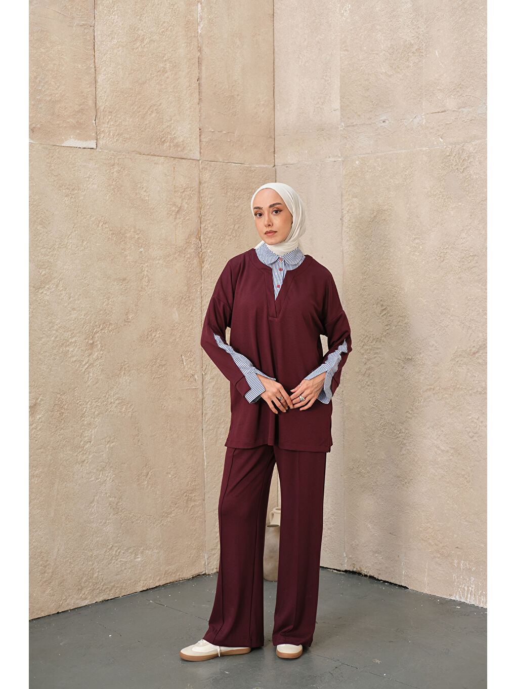 Kadın Gömlek Yaka İkili Takım Bordo-1