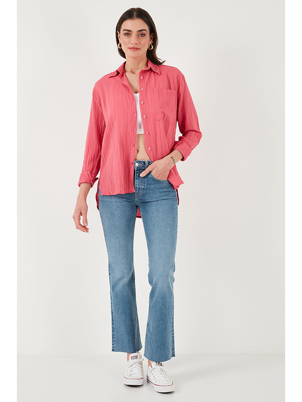 Fuşya Regular Fit Tek Cepli Önü Kısa Arkası Uzun Krinkıl Kadın Gömlek 6772752-2