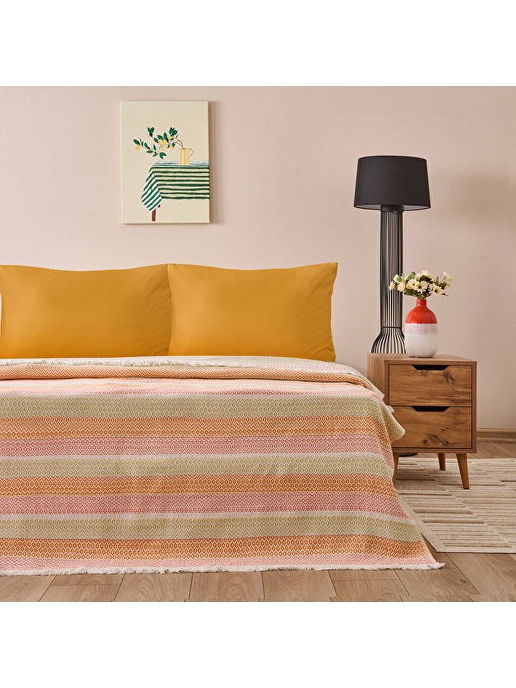 Lila Soft Vita Tek Kişilik Pike - Ekru / Turuncu - 160x230 cm