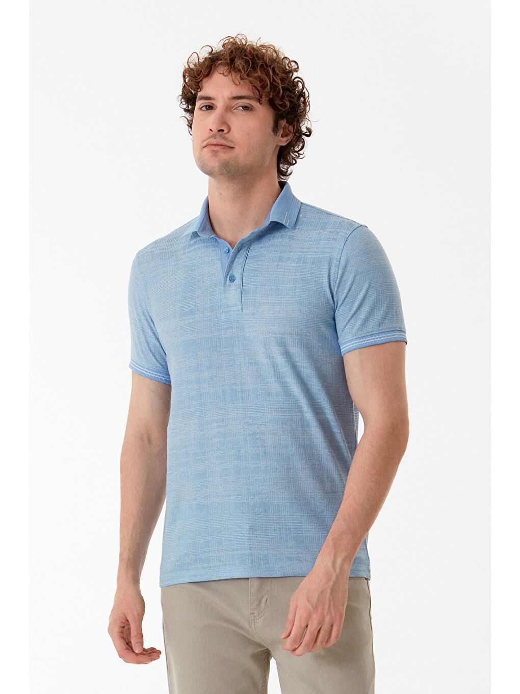 Mavi Kırçıllı Polo Yaka Yarım Düğmeli Tişört
