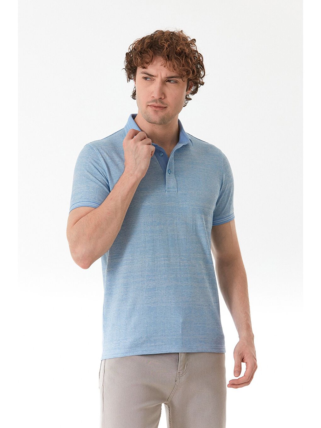 Mavi Kırçıllı Polo Yaka Yarım Düğmeli Tişört-1