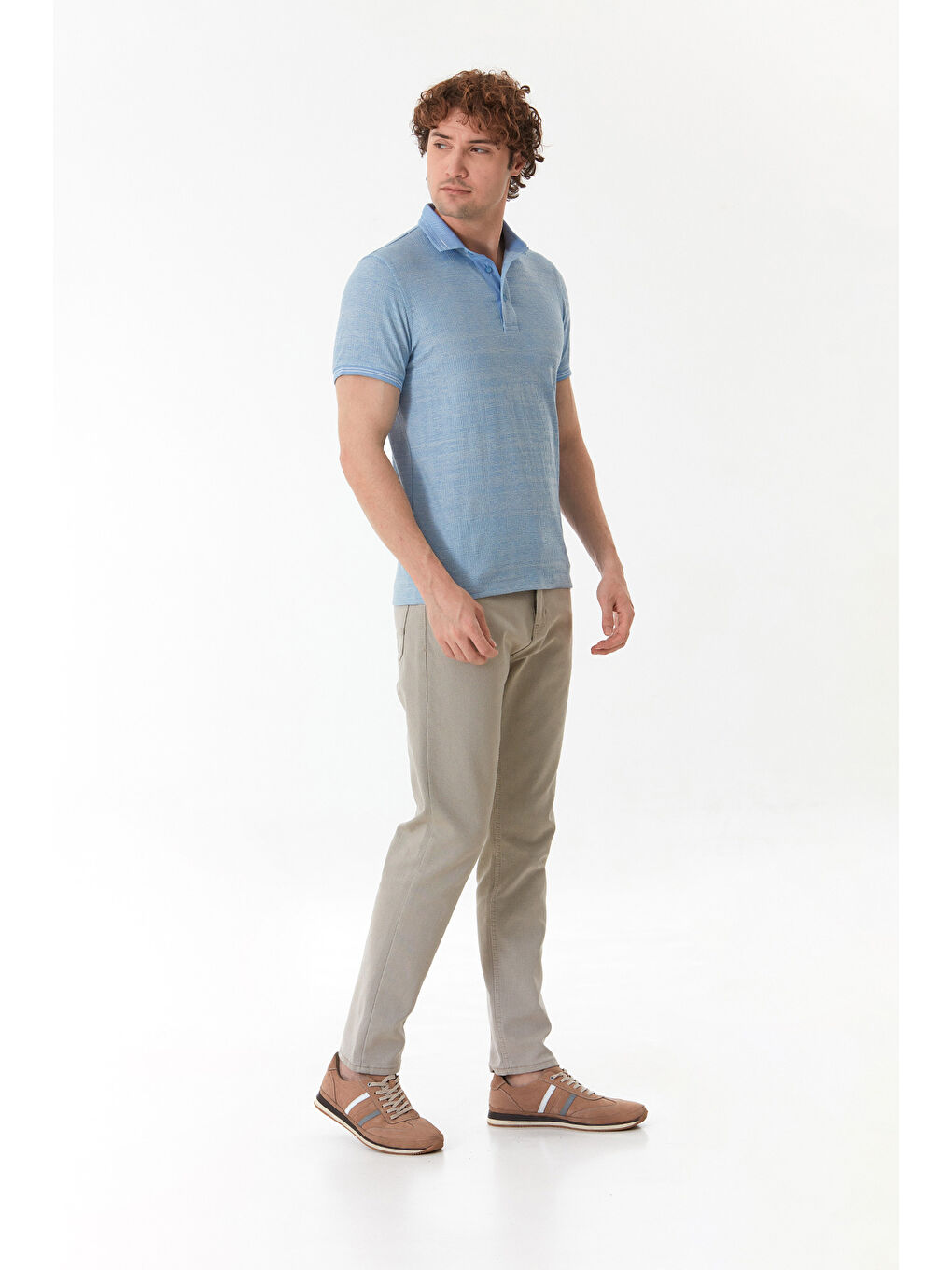 Mavi Kırçıllı Polo Yaka Yarım Düğmeli Tişört-2