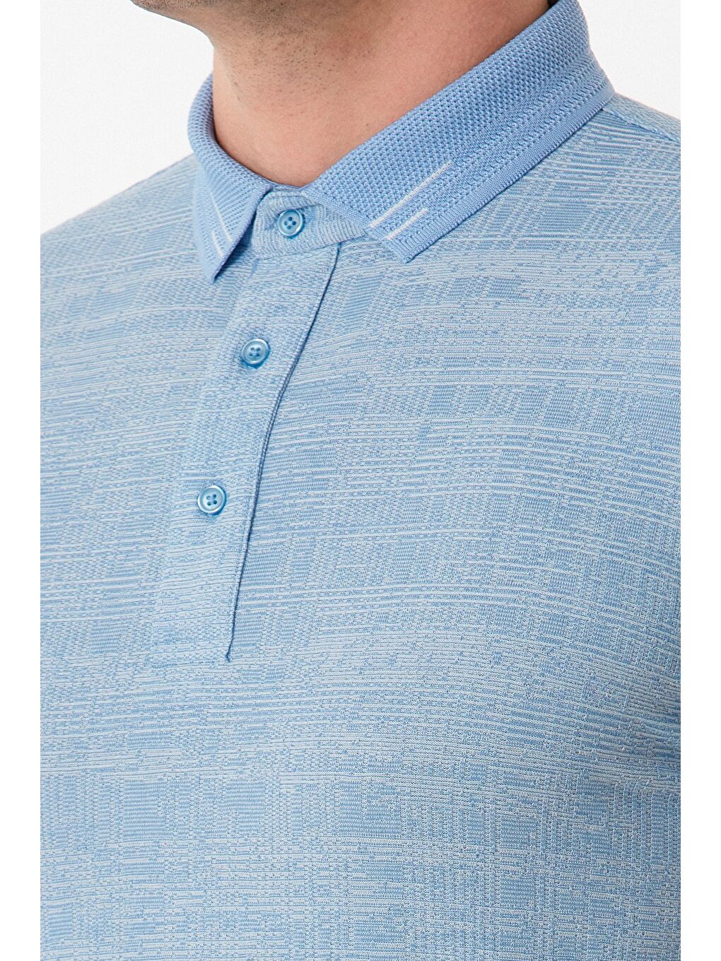 Mavi Kırçıllı Polo Yaka Yarım Düğmeli Tişört-4