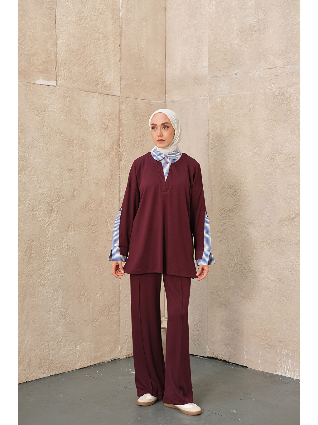 Kadın Gömlek Yaka İkili Takım Bordo-2