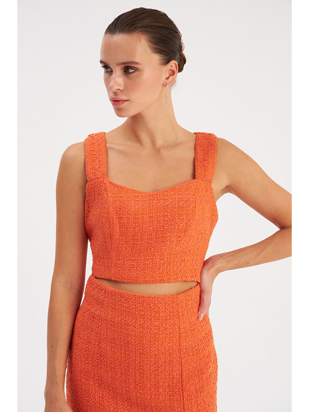 SATEEN Turuncu Askılı Tüvit Crop Bluz - Oranj - 1