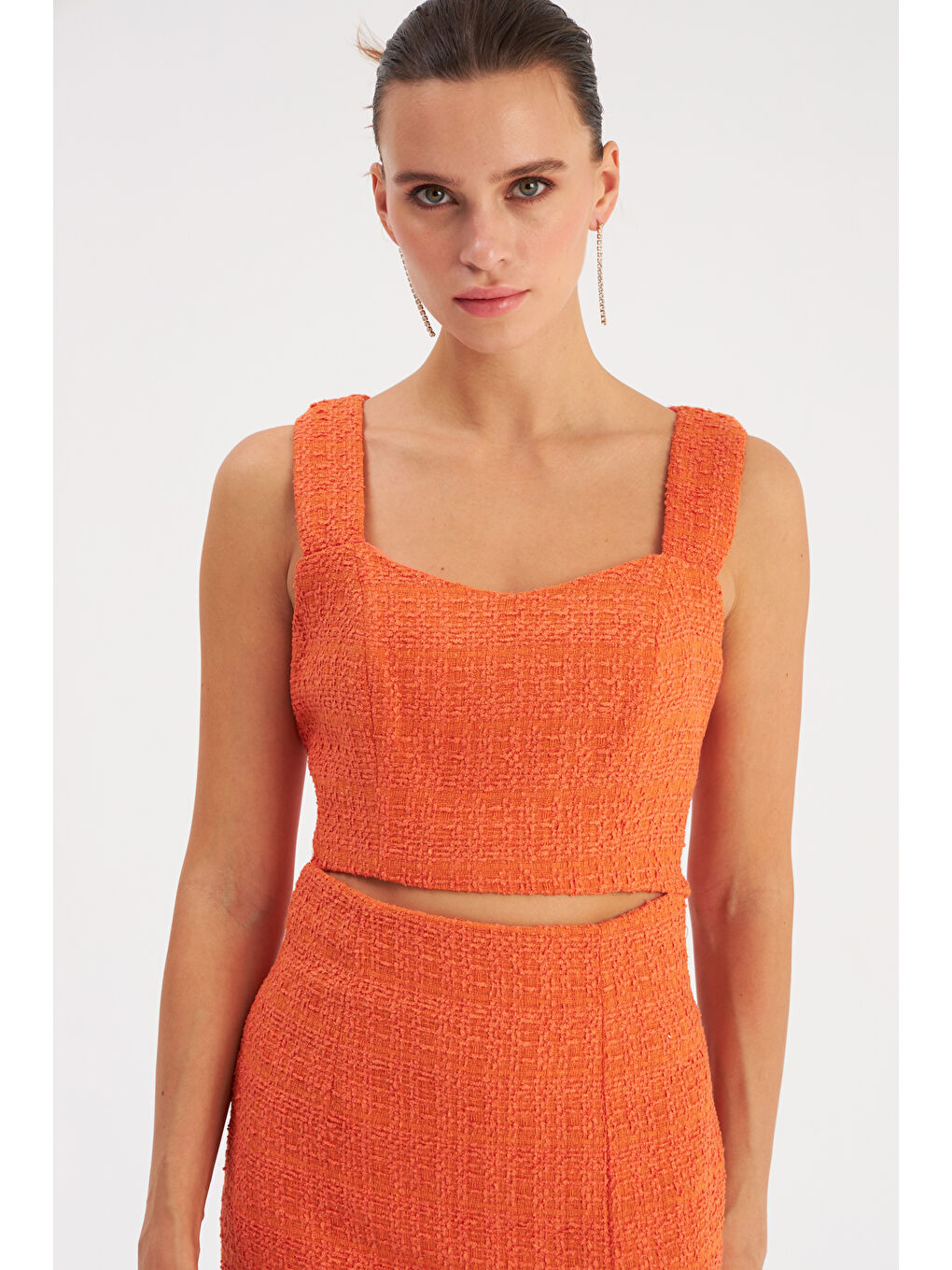 SATEEN Turuncu Askılı Tüvit Crop Bluz - Oranj - 2